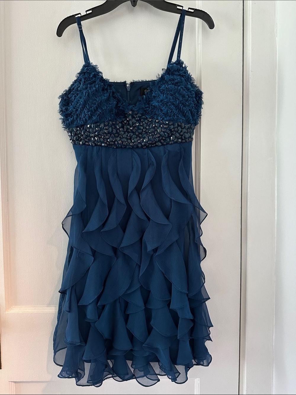 Navy Blue Ruffle Chiffon Evening Dress with Beaded Bodice